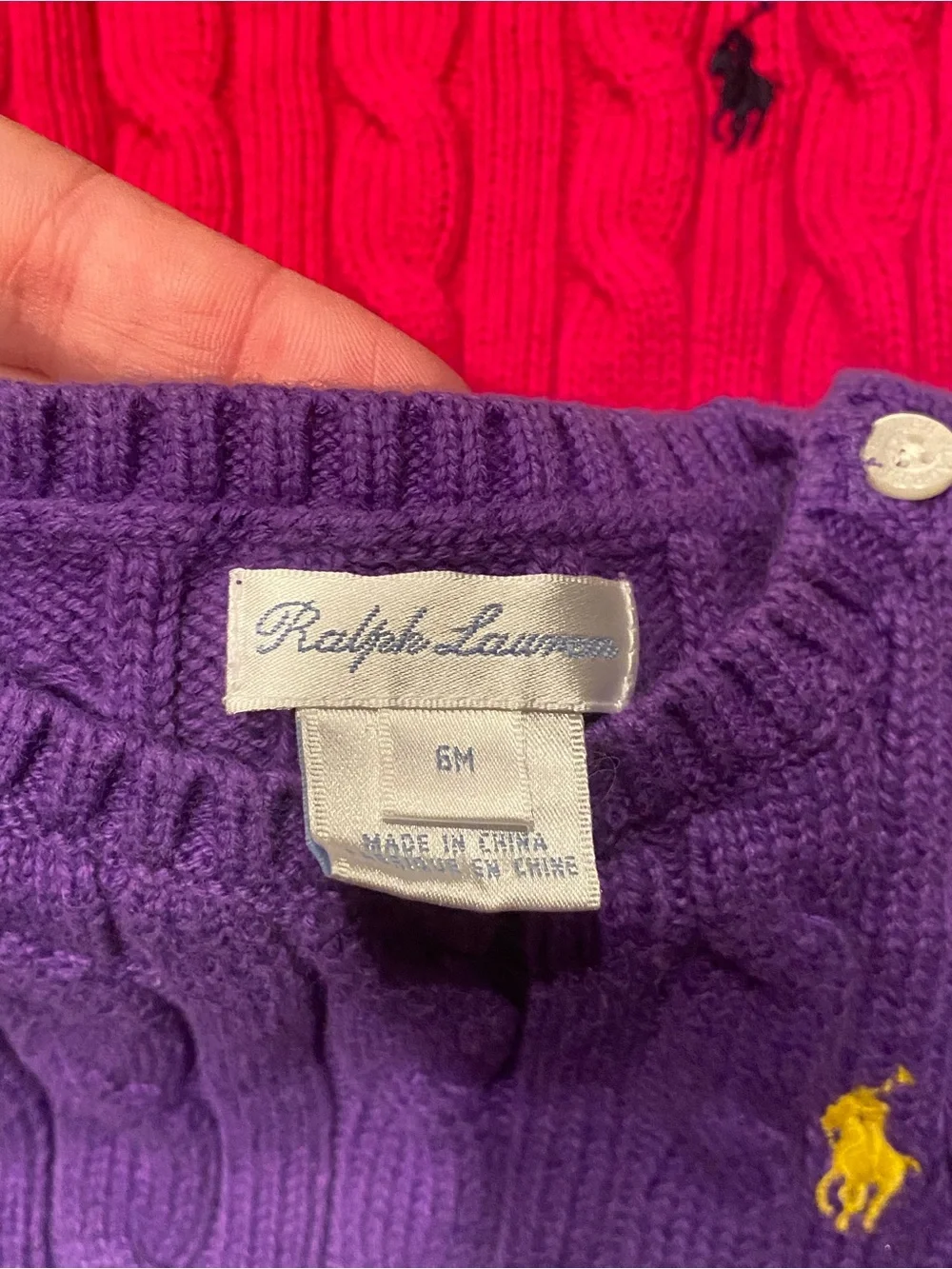 Kids’ Ralph Lauren cable knit purple and raspberry pink cotton sweater lot 6 mo.